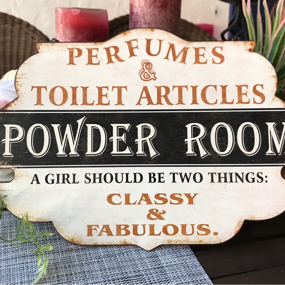 POWDER ROOM PERFUMES METAL TIN  SIGN CHAIN TO HANG ORNATE 16” LADIES ROOM NICE